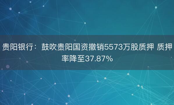 贵阳银行：鼓吹贵阳国资撤销5573万股质押 质押率降至37.87%